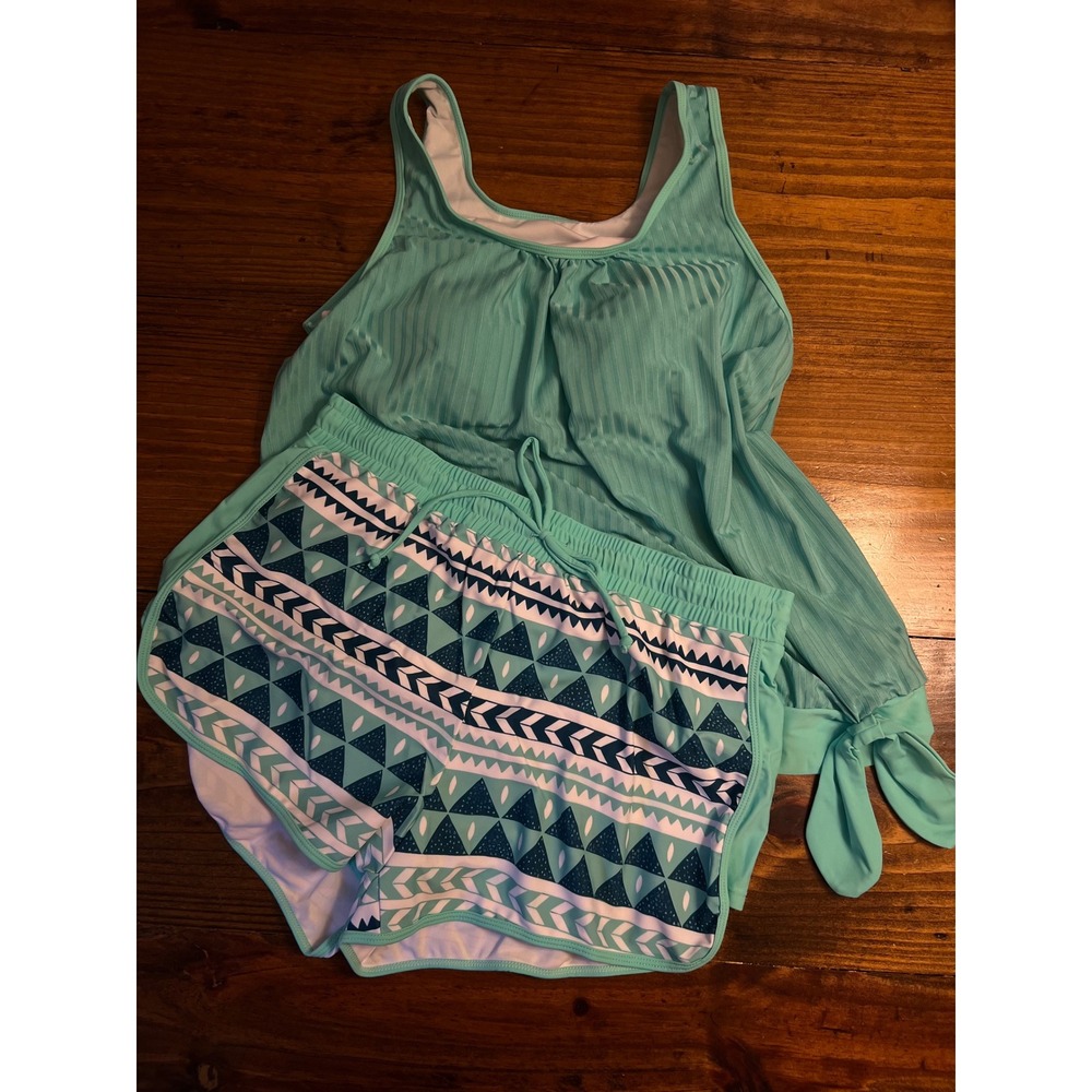 Tankini Swimsuit Set Women XL Aqua Geometric Tribal Print‎ Blouson NWOT